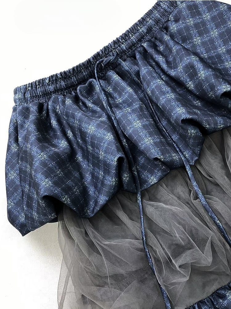 Blue Plaid Pattern Patchwork Design Tiered Bubble Skirt