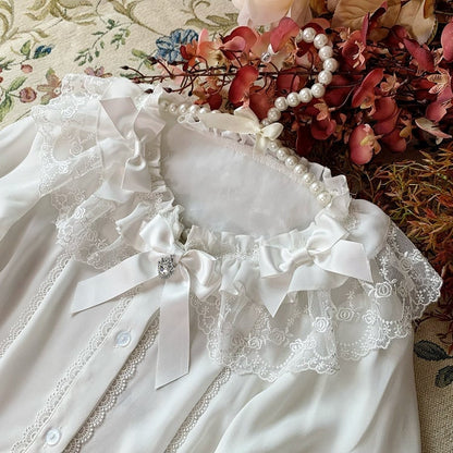 Rüschenglocke Weiß Verzierter Ausschnitt Ärmel Bowknots Bluse