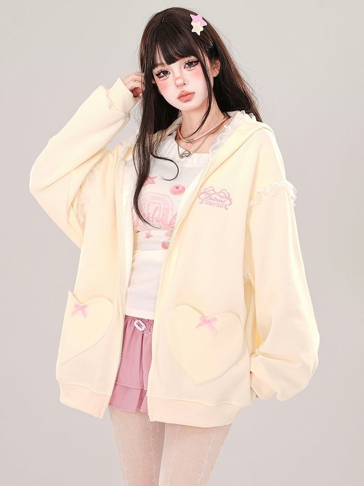 Blue/Apricot Bunny Ears Lace Trim Zip Hoodie