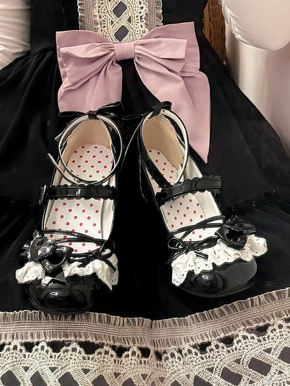 Jane Lace-Trim Polished Lolita with Heel Buckles Mid Bow Mary Sweet Heels Black Top - Heart