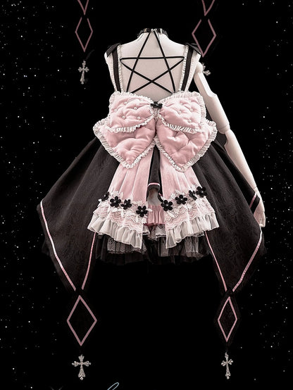 Black and Pink High Waist Sweet Witchy Dress Lolita Jumper Skirt Full Set