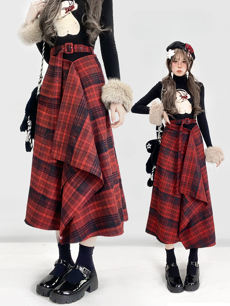 Wine Red Plaid Skirt with Asymmetric Waistline