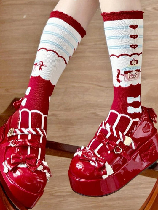 Lolita Bowknot Calf Print Jar Apple Red Striped Heart Honey Pattern Socks