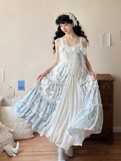 Blue Lolita White Sea Print Shell Dress and Starfish