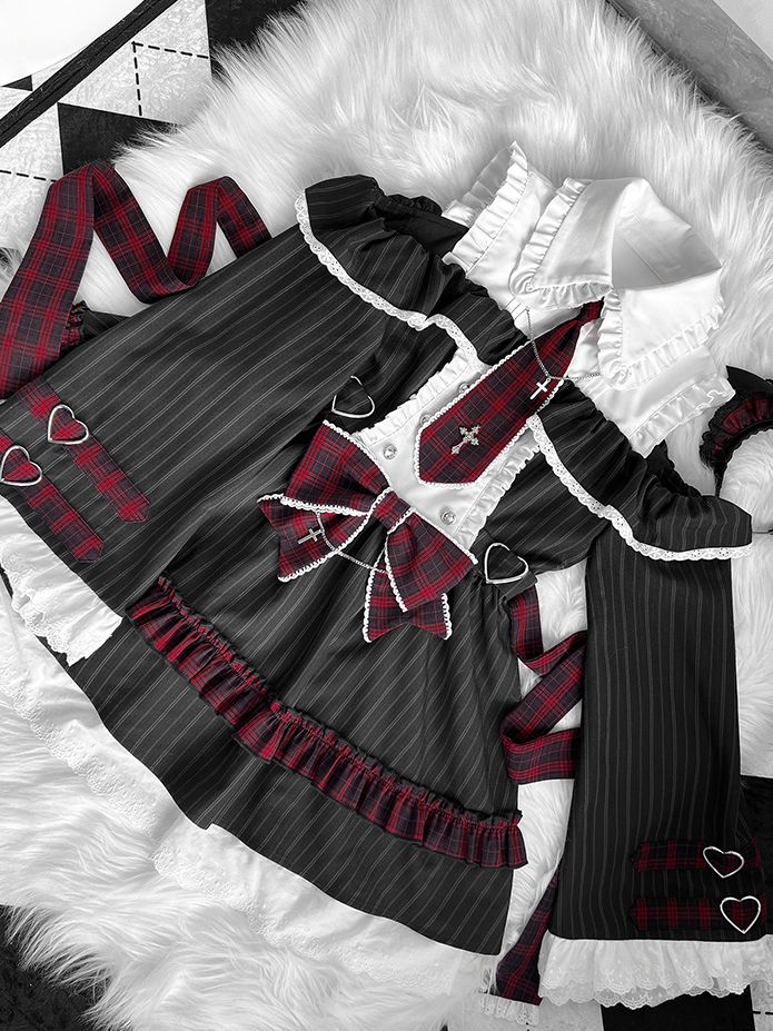Dress Bell Plaid Tie Idol And Shoulder Cutout Lolita Black Bowknot Stripes Red With Sleeves
