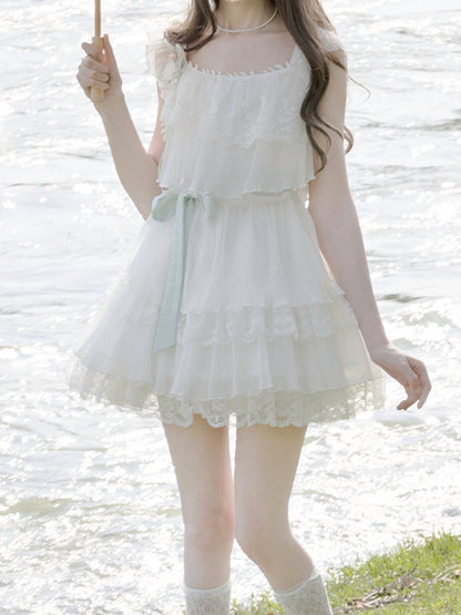 and Brooch with Waist Belt Tiered Lace Trim Flutter Sleeves Dress Sweet White