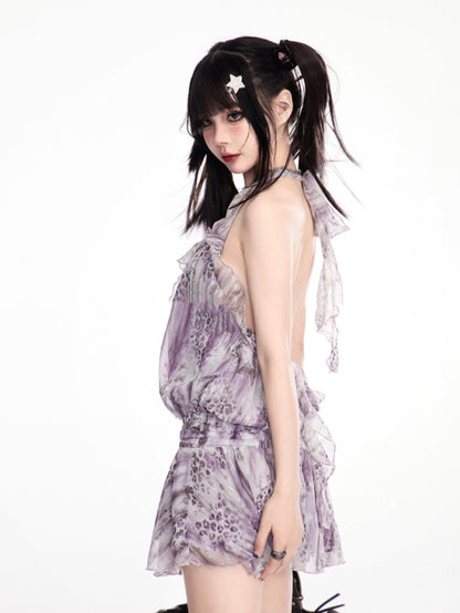 Lavendelfarbenes Leopardenmuster Gyaru Fashion Neckholder-Kleid aus Chiffon mit kaskadierenden Rüschen und rückenfreiem Schnitt