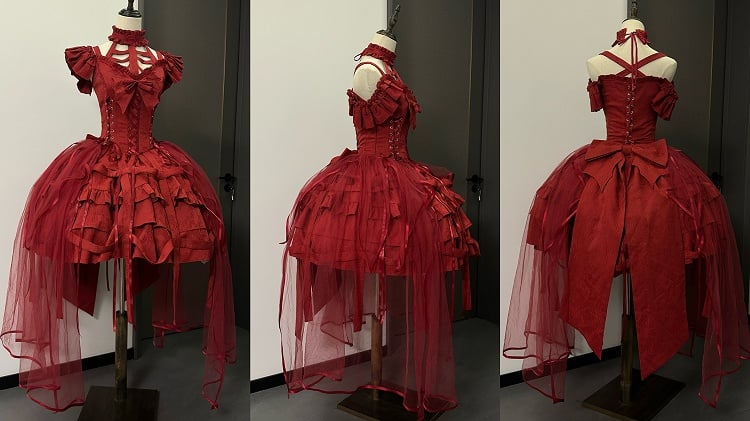 Design Lace-ups with Waist Birdcage Ovarlay Red Lolita Dress Skirt Big and Gothic Bow Corset Detachable