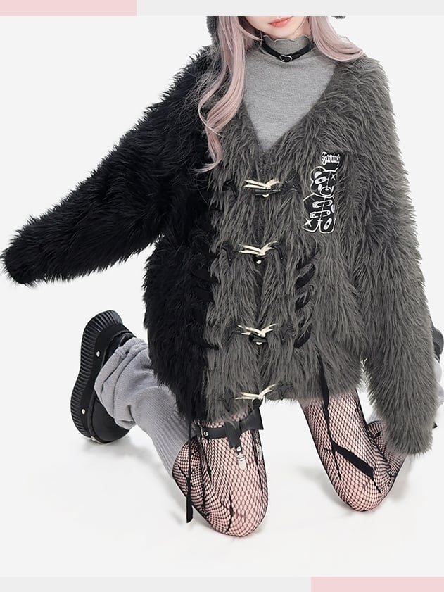 Black and Grey Colorblock Punk Bear Apllique Loose Cardigan