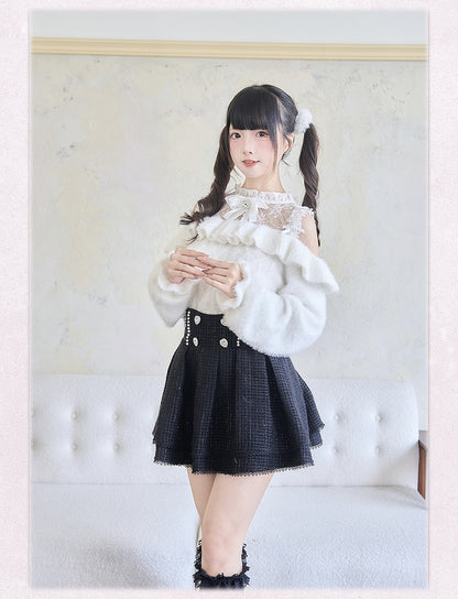 Ruffle Trim White Jirai Kai Contrast Lace Patches  Sweater Cutout Shoulder Bowknots