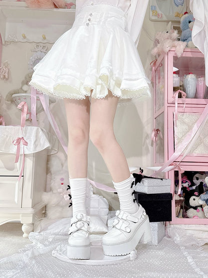 Matte White Jirai Kei Rhinestone Heart Bowknots Velcro Strap Closures  Landmine Style Platform Shoes