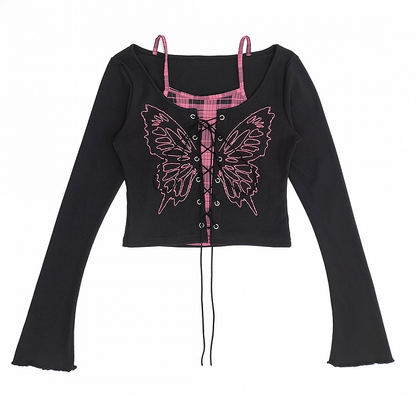 Top Faux Y2K Lace-up Front Butterfly Print Black Pink Plaid Two-pieces and