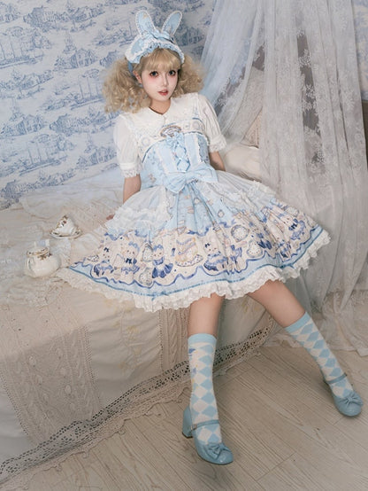 Blue Alice Bunny Lolita Dress Print Clock Sweet and