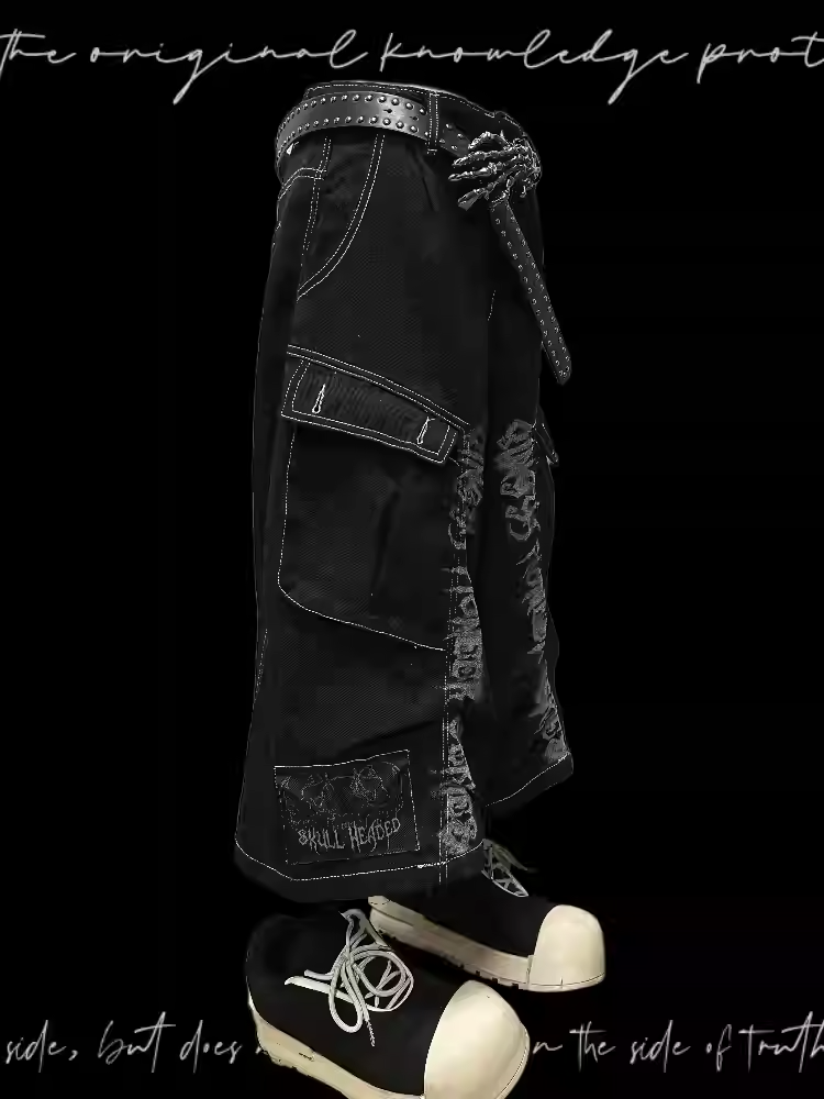 Jeans Black Punk Print Vintage Wide-Leg Cargo