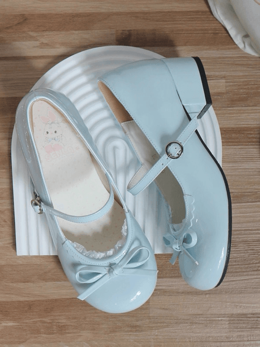 Low-heel Shoes Sweet at Top Blue Knotted Baby Bow Trim Lace