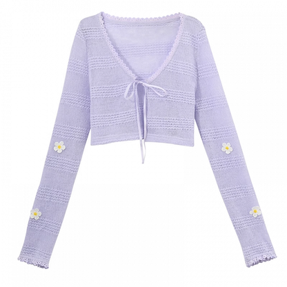 Lavender V-Neck Accents Summer Knit Cardigan Floral