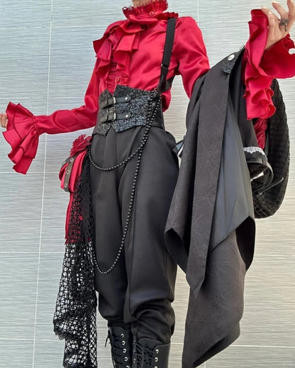 Red Ruffled High Neck Ouji Lolita Long Sleeves Shirt with Jabot Tie