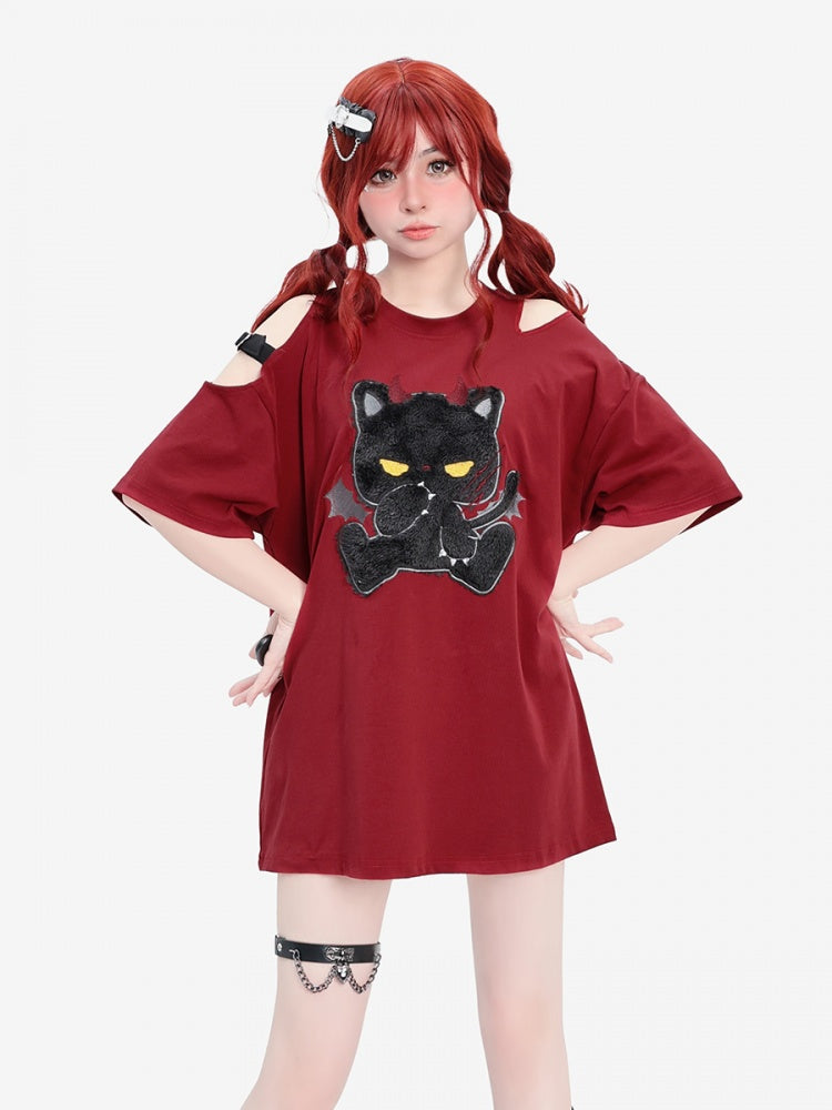 Dark Red Plush Evil Kitty Applique Cutout Shoulder Punk T-shirt