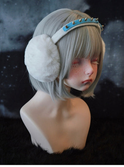 White Handmade Heart Ring Studded Plush Earmuffs