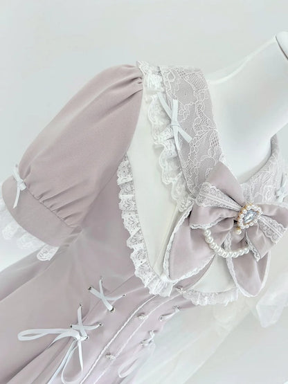 Mini Dress+Shorts Jirai Details White Lace-up Waist Rhinestones Embellished Kei Set Pink