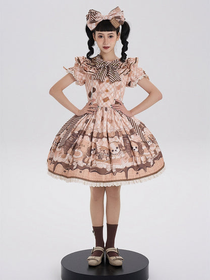 Puppy and Biscuit Print Yellow Sweet Lolita Short Sleeves Dress