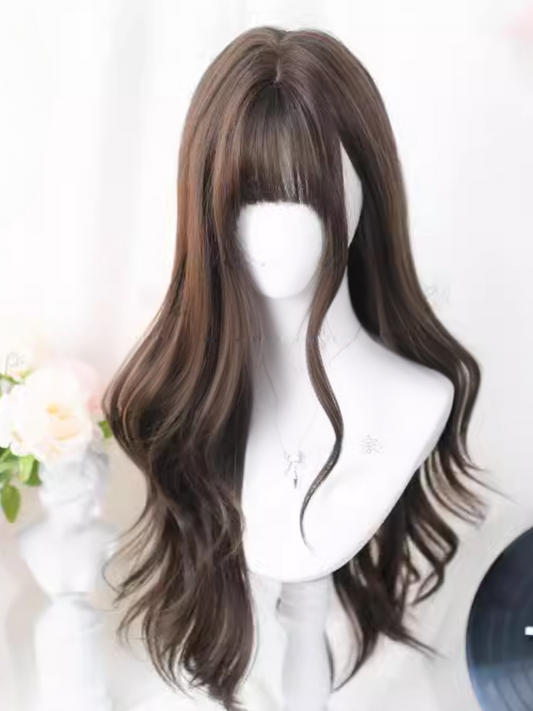 Brown Under Bust Length 60-65CM Wavy Wig with Air Bangs