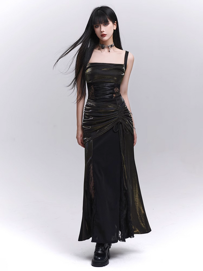 Waist Drawstring Black Lace Hip Sleeveless Dress Patches