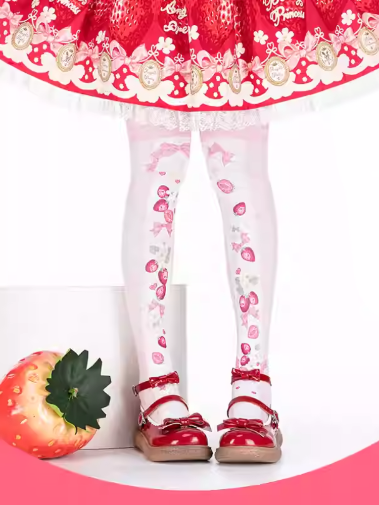 Bas Lolita roses à imprimé fraise au-dessus du genou