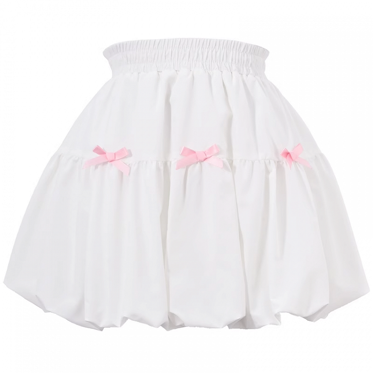 Pink Bowknots White Elastic Waist Bubble Skirt