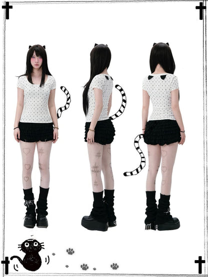 Cat Paw Print Cat Ears Gothic and Back at White Cross Detail T-Shirt Allover Pastel