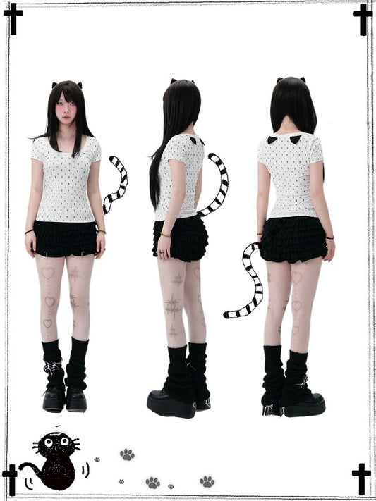 Cat Paw Print Cat Ears Gothic and Back at White Cross Detail T-Shirt Allover Pastel