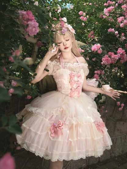 Pink Corset Waist Balletcore Princess Halter Neck Lolita Dress