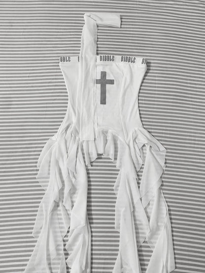 White Cross Print Asymmetrical Flounce Strapless Top Hem Glamorous