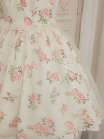 Dress Pink Print Rosette White Illusion Lolita Summer Neckline