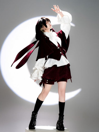 Bunny Hood Lolita Ears Jacket Wine Red Ouji with Velvet Oversized
