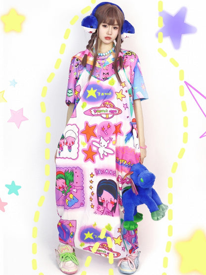 Cartoon Cami And Star Colorful Print Dress