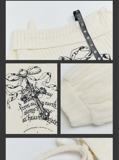 White/Beige/Black Cross Off-Shoulder Top Drawstrings at Side