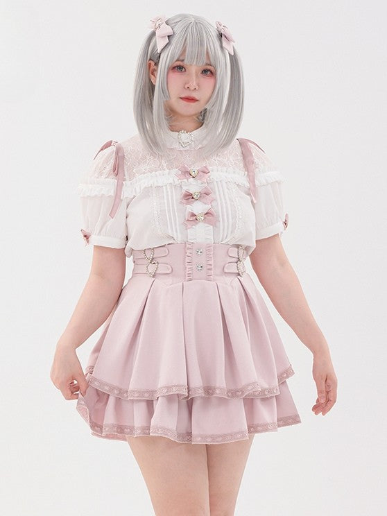Bowknot Short Jirai Rhinestone Shirt Pleating Pink Details Sleeves Decorated Kei Heart