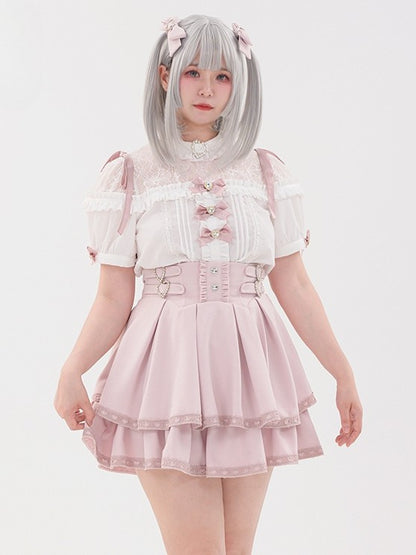 Bowknot Short Jirai Rhinestone Shirt Pleating Pink Details Sleeves Decorated Kei Heart