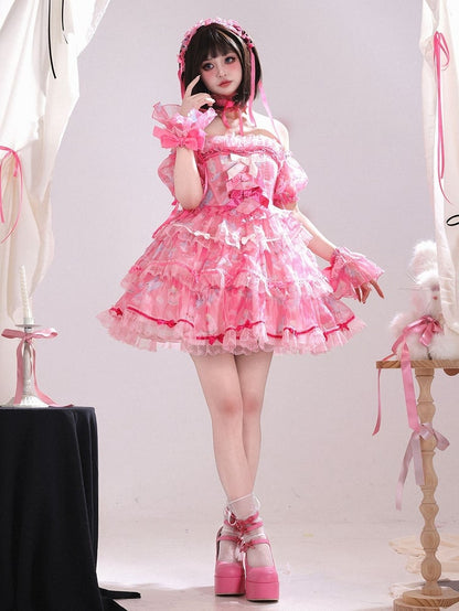 Cute Bunny Satin Bows Decorated Tiered Skirt Pink Boning Dress