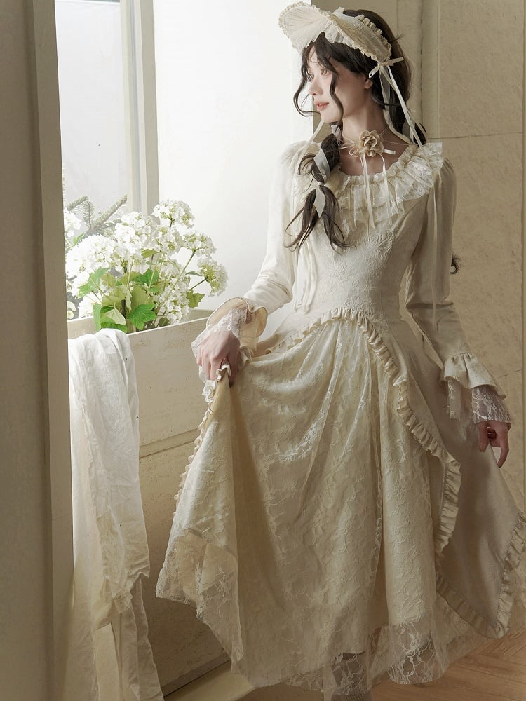 Beige Lace Patches Irregular Skirt Rose Fabric Lolita Dress