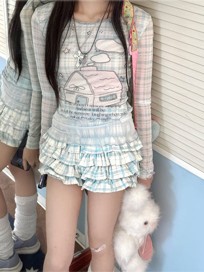 Blue Plaid Pattern Tiered Ruffles Skort House Print Faux Two-Pieces Top/Modal