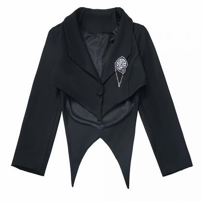 Blazer with Detachable Butterfly Clock Brooch Black Cropped Curved Hem Preppy