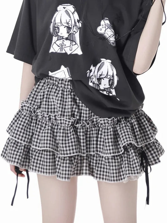 Black/Plaid Elastic Waist Tiered Skirt Lining Bloomers