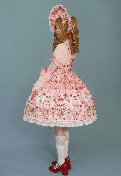 Full Print / Pink Set and JSK Lolita Desserts Sweet Strawberry Bow Accents