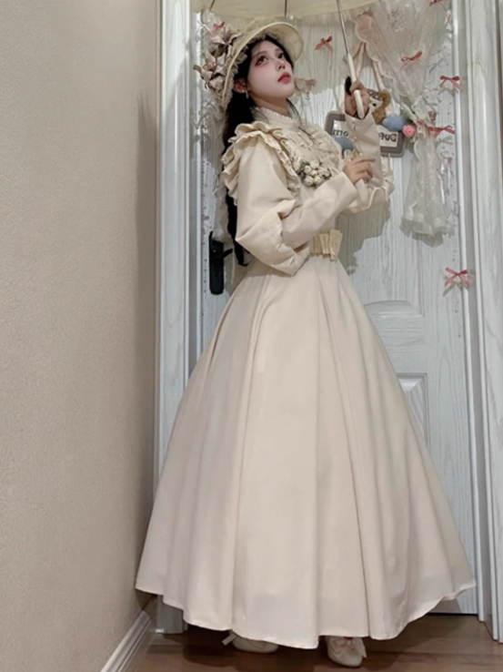 Long-Sleeve Ruffled Beige Classic Dress Elegant Waist Lolita High