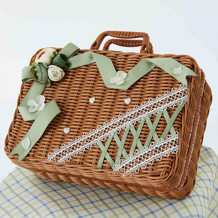 Decorated Flower Green Ribbon Case and Picnic Rattan