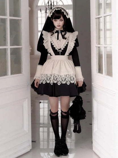 Black and Beige Ruffle Banded Collar Gothic Nun Lolita Dress Short Version