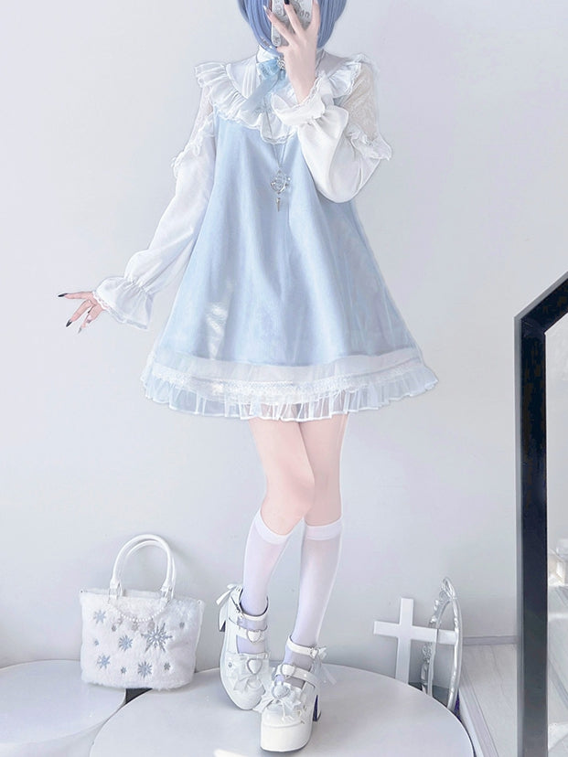 Jirai Kei Light Blue Lace Patch Shoulders Landmine Style Lace Trimmed Long Sleeve Dress