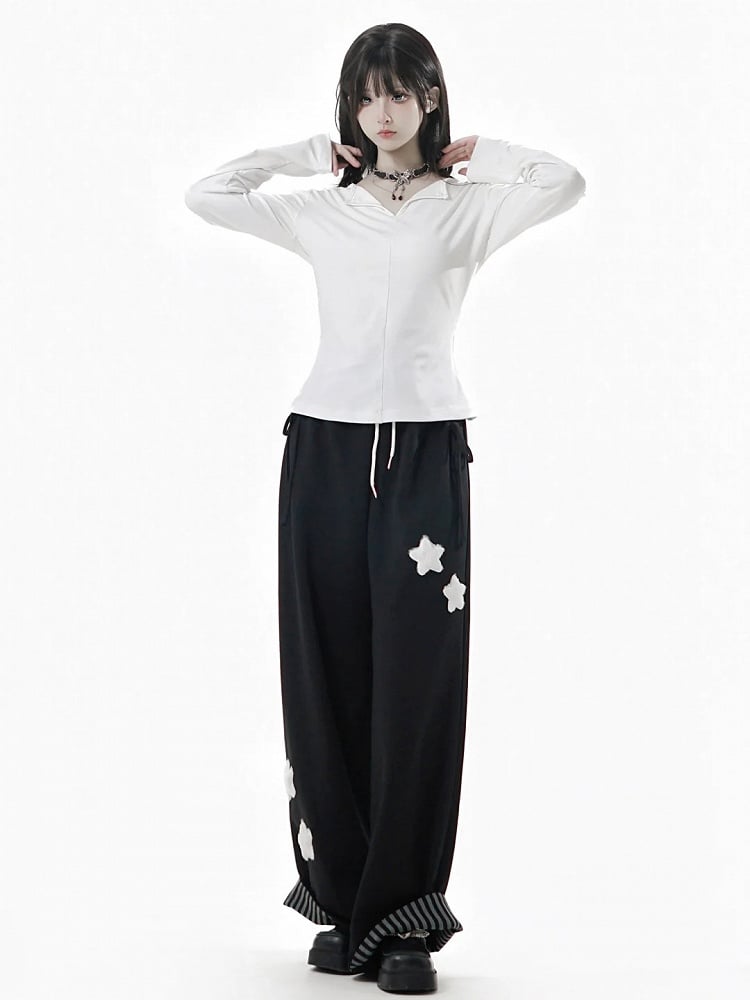 Long V-Neck Black Sleeves Reversed White Gray in Top /